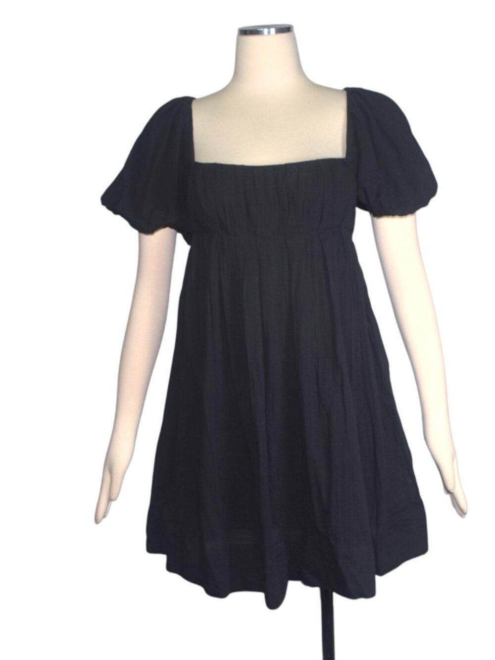 Free People Marina Black Crinkle Cotton Babydoll Mini Dress Puff Sleeve Tie Back